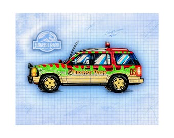 Classic Jurassic Island Camo Car Blueprint Satin Poster | 210gsm