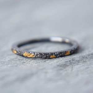 Oxidised Silver Stacking Ring, Black & Gold Textured Handmade Unisex Ring