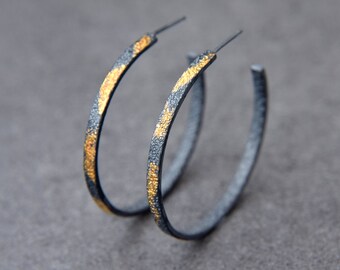 Large Oxidized Sterling Silver Hoop Earrings: Textured Gold Statement Hoops
