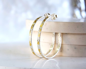 Handmade Textured Silver Hoop Earrings: 24ct Gold Highlights