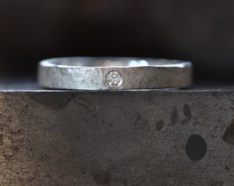Rustic Silver Wedding Ring With 2mm Moissanite or Diamond