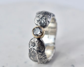 Rustic Silver and Gold Engagement Ring with Salt & Pepper Diamond