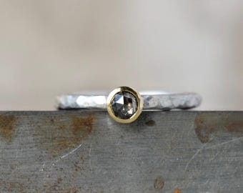 Diamond Engagement Ring, Rose Cut Solitaire Diamond Silver & Gold Ring