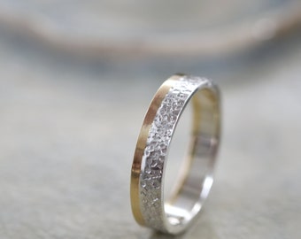 Silver and Gold Wedding Ring, Bi-Metal Textured Unisex Ring Band