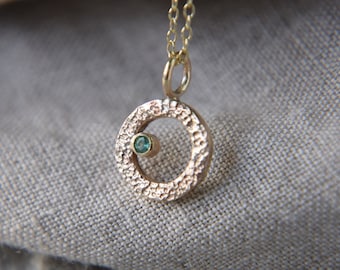 Recycled 9ct Gold Emerald Pendant: Textured Circle Necklace