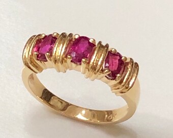 Vintage 14KT Yellow Gold Ruby Ring| 3 Stone Ring| Women's Ruby Ring| Solid Gold| Real Gold Ring Size 6.25