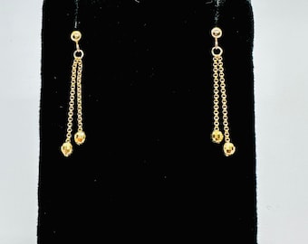 14K Yellow Gold Dangle Post Earrings, Dangling Bead Earrings, Small 14K Gold Earrings for Women & Girls, 2 Strand Dainty Drop Earrings