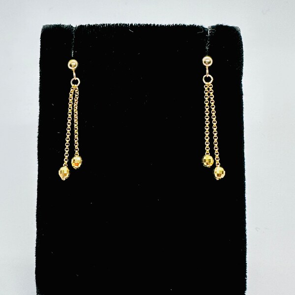 14K Yellow Gold Dangle Post Earrings, Dangling Bead Earrings, Small 14K Gold Earrings for Women & Girls, 2 Strand Dainty Drop Earrings