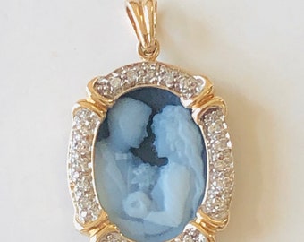 Solid 14KT Yellow Gold the Nuptials Bride and Groom Blue Agate Cameo with genuine Diamond Pendant, Real Gold Agate Pendant, Wedding Gift