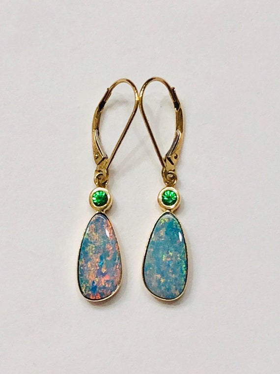 14K Yellow gold Doublet Opal Earrings, 14KT Gold L