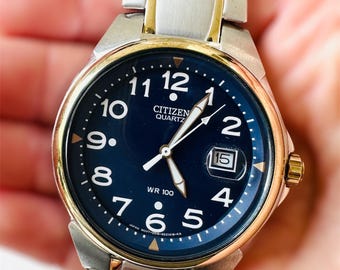 Vintage Citizen Men’s Watch NOS Quartz Blue Dial 37mm Stainless Steel Two-Tone Original Box & Tag, BK1844-57L, WR 100, Date Display, Japan