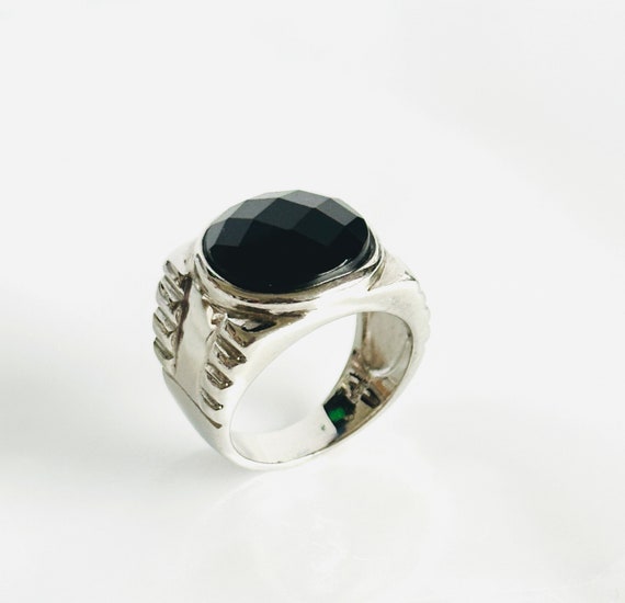 925 Silver Rhodium Ring with Black Onyx, Silver R… - image 1