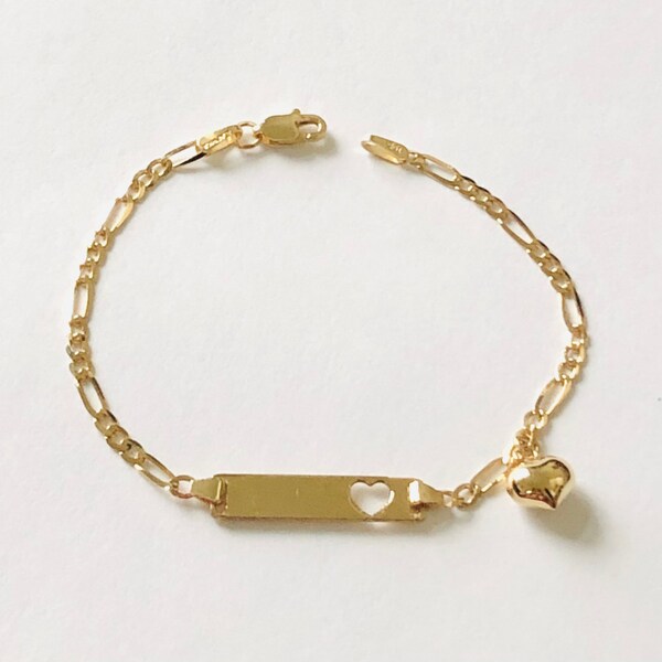 14KT Yellow gold ID bracelet for Baby, 6” Kid’s ID bracelet, Real Gold Cut-out Heart Figaro ID bracelet with mini Heart Charm