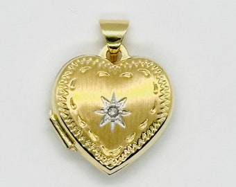 14K Yellow Gold Heart Locket, Brushed Heart with Star Diamond, 2-Frame Heart Photo Charm, Real Gold Diamond Heart Charm, 15mm or 18mm Heart