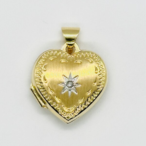 14K Yellow Gold Heart Locket, Brushed Heart with Star Diamond, 2-Frame Heart Photo Charm, Real Gold Diamond Heart Charm, 15mm or 18mm Heart