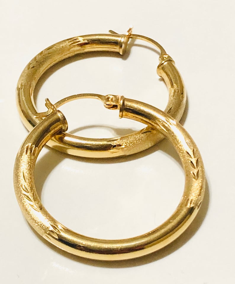 14KT Gold Diamond-Cut Large Hoop Earrings Real Gold Large Hoop Earrings 3.9mm Thickness Yellow Gold Hoops Diamond Cut Hoops