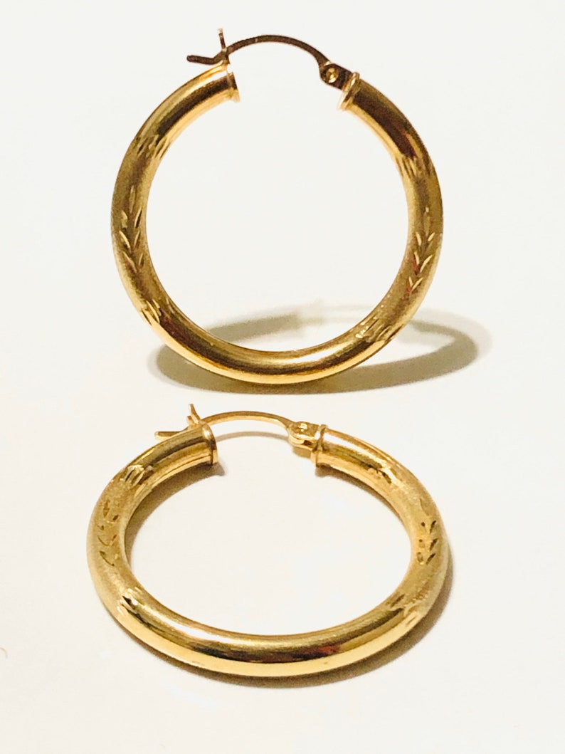 14KT Gold Diamond-Cut Large Hoop Earrings Real Gold Large Hoop Earrings 3.9mm Thickness Yellow Gold Hoops Diamond Cut Hoops