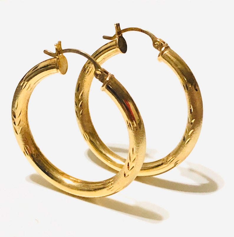 14KT Gold Diamond-Cut Large Hoop Earrings Real Gold Large Hoop Earrings 3.9mm Thickness Yellow Gold Hoops Diamond Cut Hoops