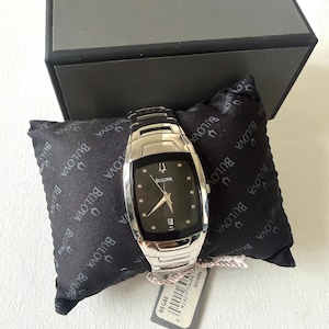 NOS Bulova Men’s Watch 96G46 Curved Rectangular Black Dial | Stainless Steel Tonneau Case | NOS with Original Box, Tag & Papers New Battery
