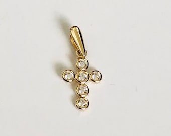 Zeer kleine kruishanger van 14 karaats geelgoud, religieuze hanger van echt goud, sierlijke kruisbedel voor jongens en meisjes, minikruisje met zirkonia, zetting.