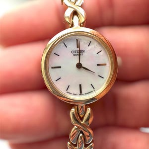 Vintage Citizen Quartz Women’s Watch, Mother of Pearl, 20mm Round Dial Watch, New Old Stock, Gold Tone Dress Watch, Small Face Analog Watch