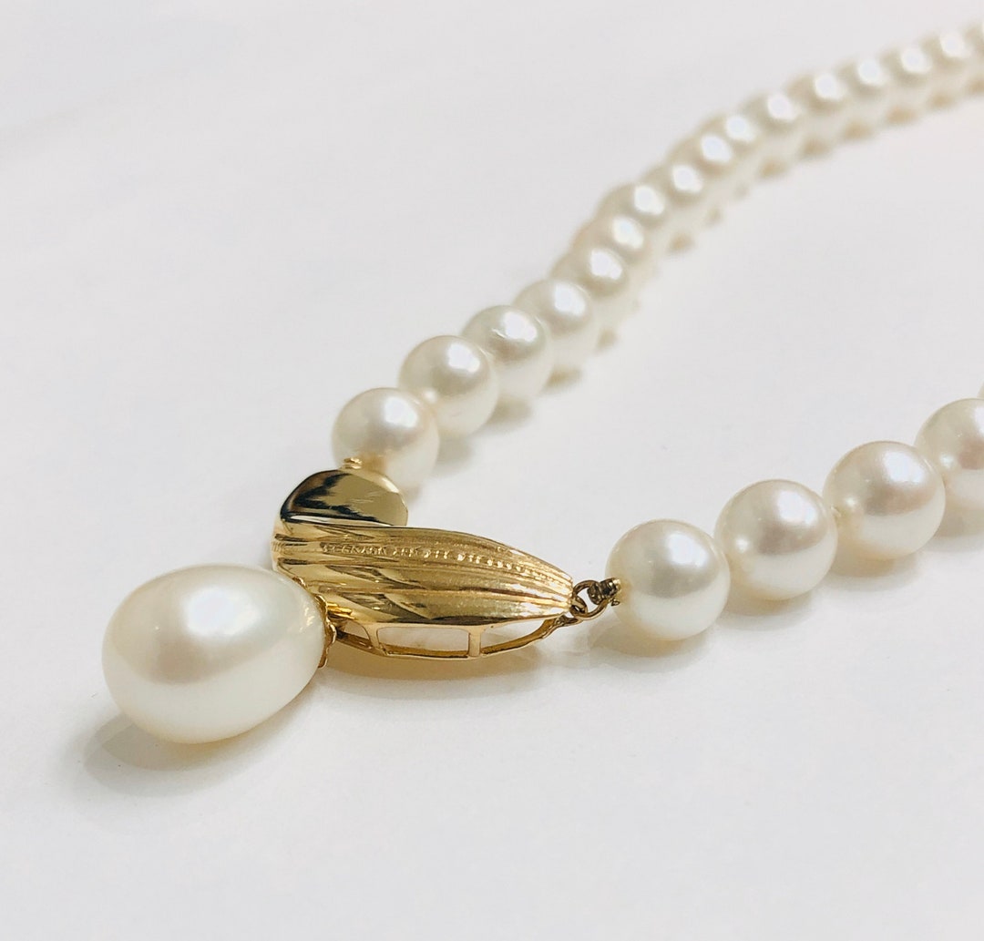 White Cultured Pearl Necklace With 14KT Yellow Gold Pearl - Etsy