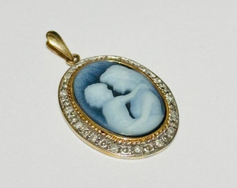 14K Yellow Gold Blue Agate Cameo with genuine Diamond Pendant, Real Gold Agate Pendant with Sentiment, Baby Shower Gift, God help my child…