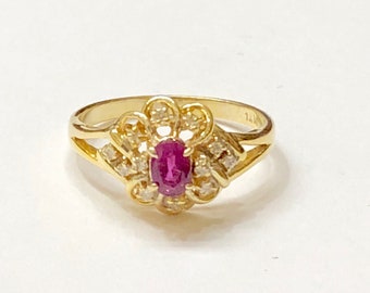 Vintage Gold Ruby Ring, Solid 14K Yellow Gold Genuine Ruby and Diamond Ring Size 6.75