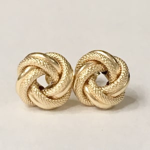 14K Yellow Gold Love Knot Earrings, 14KT White Gold Love Knot Earrings, available in 9mm, 10mm, and 11mm, 14KT Gold Post Earrings for Women