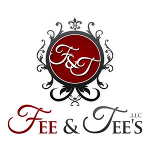 May include: A black and white logo with a red circle in the center. The circle contains the letters F and J in a stylized font. The logo is surrounded by a decorative frame. The text "Fee & Tee's, LLC" is below the logo.