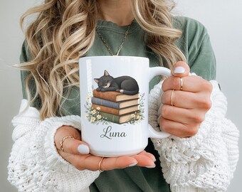 Personalized Book Lover Cat Mug Custom Pet Name Coffee Cup Gift For Reader Cat Mom Cat Dad Literary Animal Lover