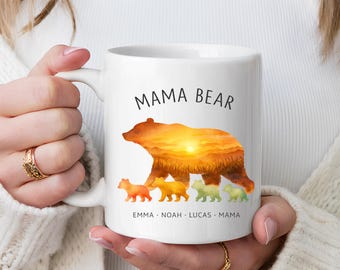 Personalized Mama Bear Coffee Mug Gift With Kids Names Custom Family Sunset Bear Cup Mother Birthday Present