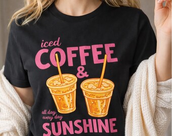 Iced Coffee And Sunshine Shirt Trendy Summer Graphic Bella Canvas  Mothers Day Gift Beach Vacation Outfit Trendy Coffee Lover Casual Shirt