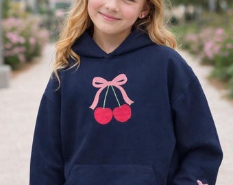 Bow Sweatshirt Cherry Shirt With Sleeve Design Coquette Hoodie With Optional Personalized Name on Cuff Graphic Shirt For Teen