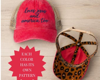 Womens Mesh Back Cap Loves Jesus and America Too Patriotic Hat Pattern Under Brim 250th America Birthday Hat Gift for Her USA Cap