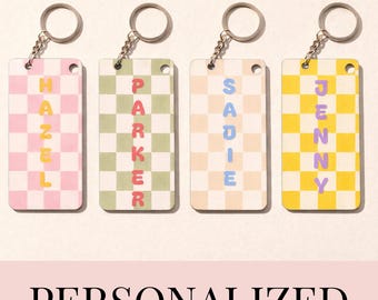 Personalized Name Checkered Keychain for Teens Girl Backpack Accessory Custom Bag Tag Lunchbox Label Cheer Bag Name Charm Dance Tote