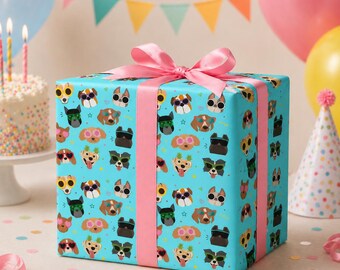 Cool Sunglasses Dog Pattern Wrapping Paper Cute Puppy Faces Gift Wrap Dashaud Birthday Paper Dog Lover Gift Idea