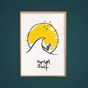 Sunset Surf | Surfing Fox on Longboard | print | A4 size