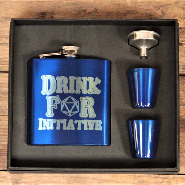 Drink For Initiative Hip Flask - D20 Dungeons And Dragons | Engraved Hip Flask | DND Table Top Gaming Gifts And Accessories | DND Gift