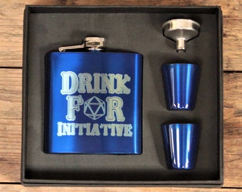 Drink For Initiative Hip Flask - D20 Dungeons And Dragons | Engraved Hip Flask | DND Table Top Gaming Gifts And Accessories | DND Gift