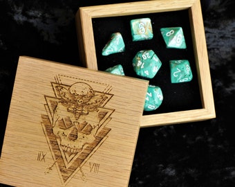 Copper Oxide Effect Dice Set In Polished Oak Gift Box| D&D Polyhedral Dice Set | DND Gift Set | Dungeons and Dragons | Choice of Designs