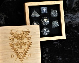 Smoke Swirl Dice Set In Polished Oak Gift Box| D&D Polyhedral Dice Set | DND Gift Set | Dungeons and Dragons | Choice of Designs