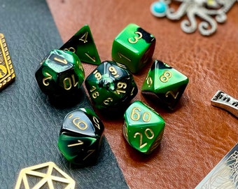 Gemini Green Black Dice Set | Dice For Dungeons and Dragons, Tabletop Games, Board Games, Resin Dice Set