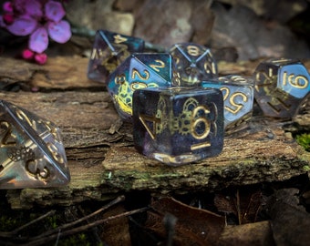 Steampunk Gears Polyhedral Dice Set | D&D Dice Set | Tabletop Gaming Gift | 7 Piece Dice Set |  DND Gift | Dungeons and Dragons Gift
