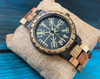 Houten horloge in Noorse Vikingstijl | Gepersonaliseerde Vikinghorloge | Vikingcadeau voor hem | Luxe houten horloge | Vegvisir-horloge | Houten horloge