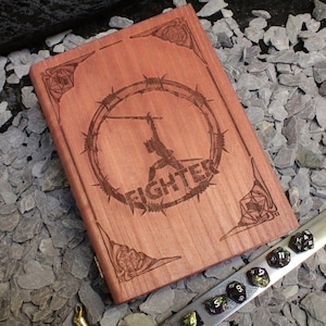 Fighter Book Dice Box | D&D Engraved Wood Roll Tray