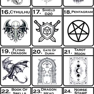 May include: A grid of twelve black and white graphic illustrations labelled 13 through 24, featuring fantasy motifs including a dragon, a sword with runes, a skull, Cthulhu, a shield with a D20, a pentagram, a flying dragon, the Gate of Durin, a tarot moon, a book of spells, a dragon head, and a Norse stamp.