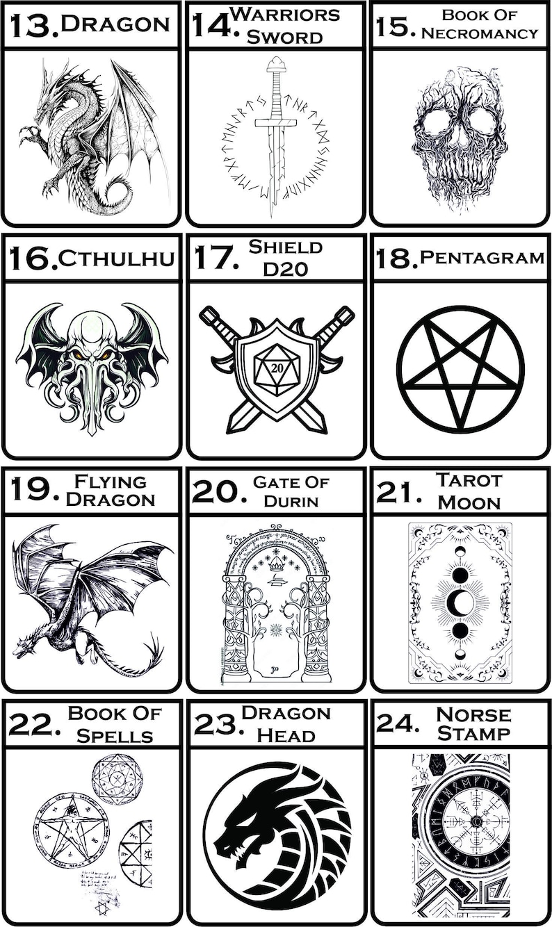 May include: A grid of twelve black and white graphic illustrations labelled 13 through 24, featuring fantasy motifs including a dragon, a sword with runes, a skull, Cthulhu, a shield with a D20, a pentagram, a flying dragon, the Gate of Durin, a tarot moon, a book of spells, a dragon head, and a Norse stamp.