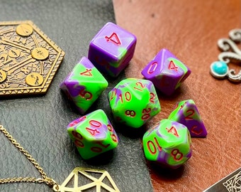 Elemental Light Purple and Green Polyhedral Dice Set | Dice For Dungeons and Dragons, Tabletop Games, Board Games, Resin Dice Set