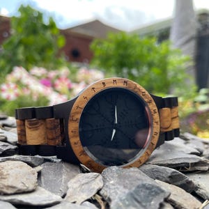 Helm Of Awe Design Zebrano & Black Walnut Wooden Eco Watch With Personalised Gift Box | Viking Watch | Norse Runes Watch | Men&#39;s Watch